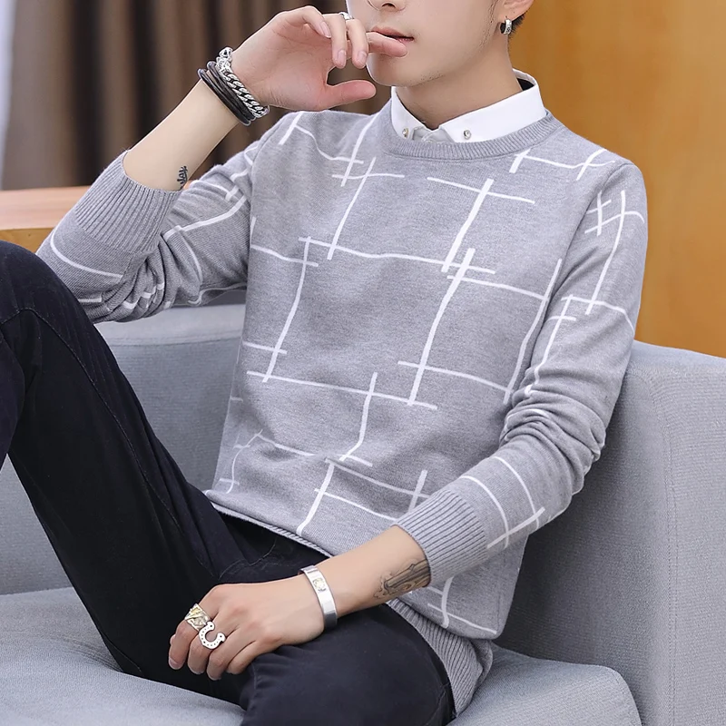 Осень и зима поддельные два свитера Мужская рубашка воротник джемпер Корейская индивидуальность свитер вне линии одежда тонкая - Цвет: Темно-серый