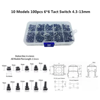 

10 Models 100pcs 6*6 Tact Switch Tactile Push Button Switch Kit, Height: 4.3MM~13MM DIP 4P Micro Switch 6x6 Key Switch