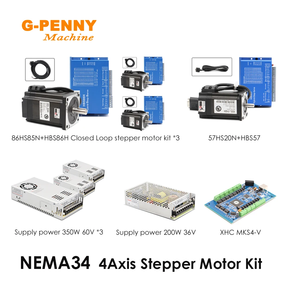 

Nema34/23 4Axis CNC controller kit 2&86*85 1&57*20 closed loop motor+MKS/XHC/ET/DDCSV3.1 Controller+Supply Power 350W60V+200W36V