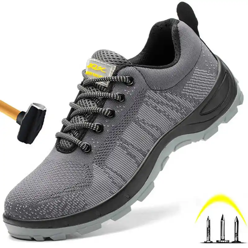 

shoes men working sneakers Lace-up breathable Steel toe cap mesh anti-smashing anti-piercing platform security boots male