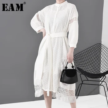 

[EAM] Women White Vacation Lace Two Piece Dress New Stand Collar Long Sleeve Loose Fit Fashion Tide Spring Summer 2020 S08900