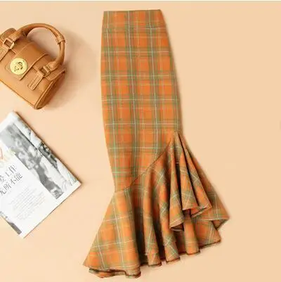 Размера плюс 4XL! Нерегулярные рыбий хвост юбка с высокой талией для женщин зимняя Обтягивающая одежда в винтажном стиле; в зеленую клетку юбка офисные юбка TB3755