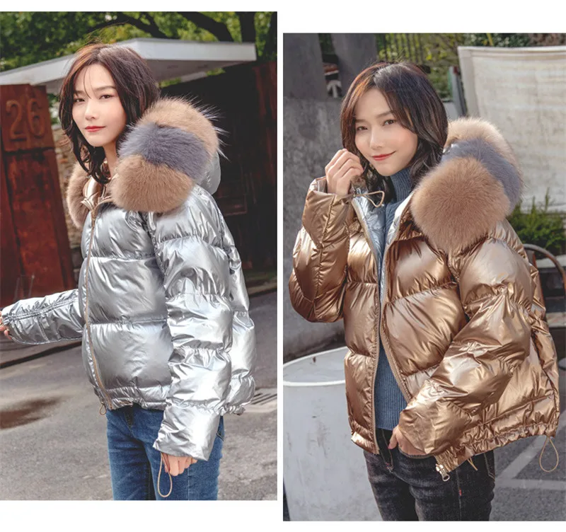 Зимний Яркий Модный пуховик для женщин, Двусторонняя куртка на белом утином пуху, короткое толстое теплое Свободное пальто для женщин с меховым воротником