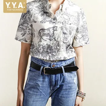 

Personality Printed Short Sleeve Loose Fit Vintage Shirt Women Summer Tops Harajuku Single Breasted Shirt Fashion Casual Blouses