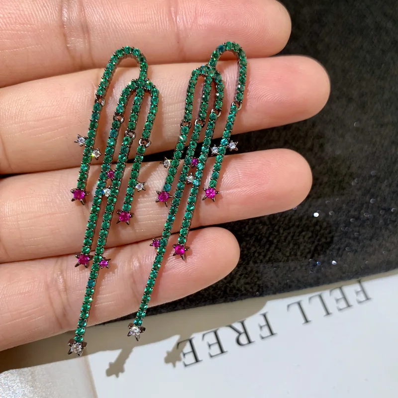 

Luxury Elegant Green CZ Fashion Long Tassel Earrings for Women Korean Jewelry