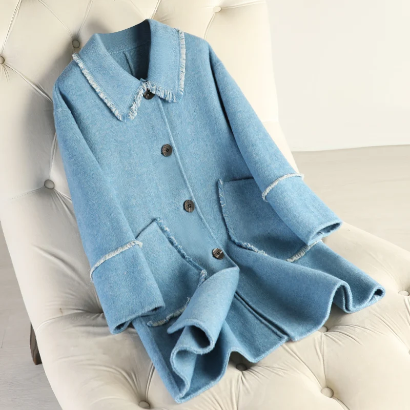 

100% Woolen coat female long section autumn and winter new popular double-sided cashmere tassel long wool coat female blue coats