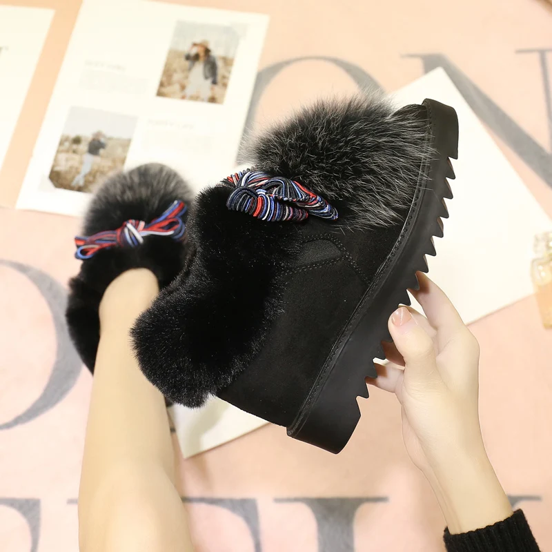 fujin winter boots for women platform wedge heel real fur boots shoes plush warm female booties bow tie fashion Pumps Boots