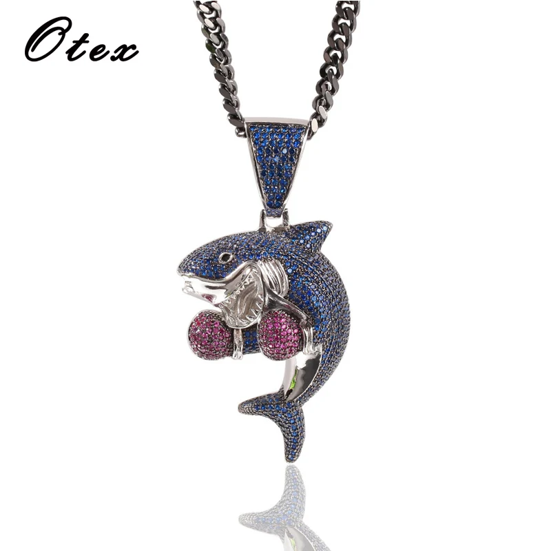 6mm Boxing Shark Pendant Cuban link Twist Chain Gold Silver Color Bling Cubic Zircon Men's Hip hop Necklaces Jewelry boho Gift |