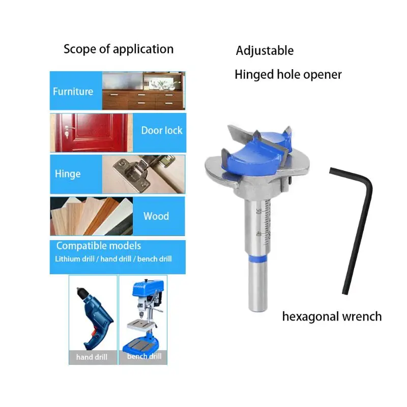 5pcs Adjustable Forstner Drill Bits Hinge Hole Opener Boring Tipped Woodworking