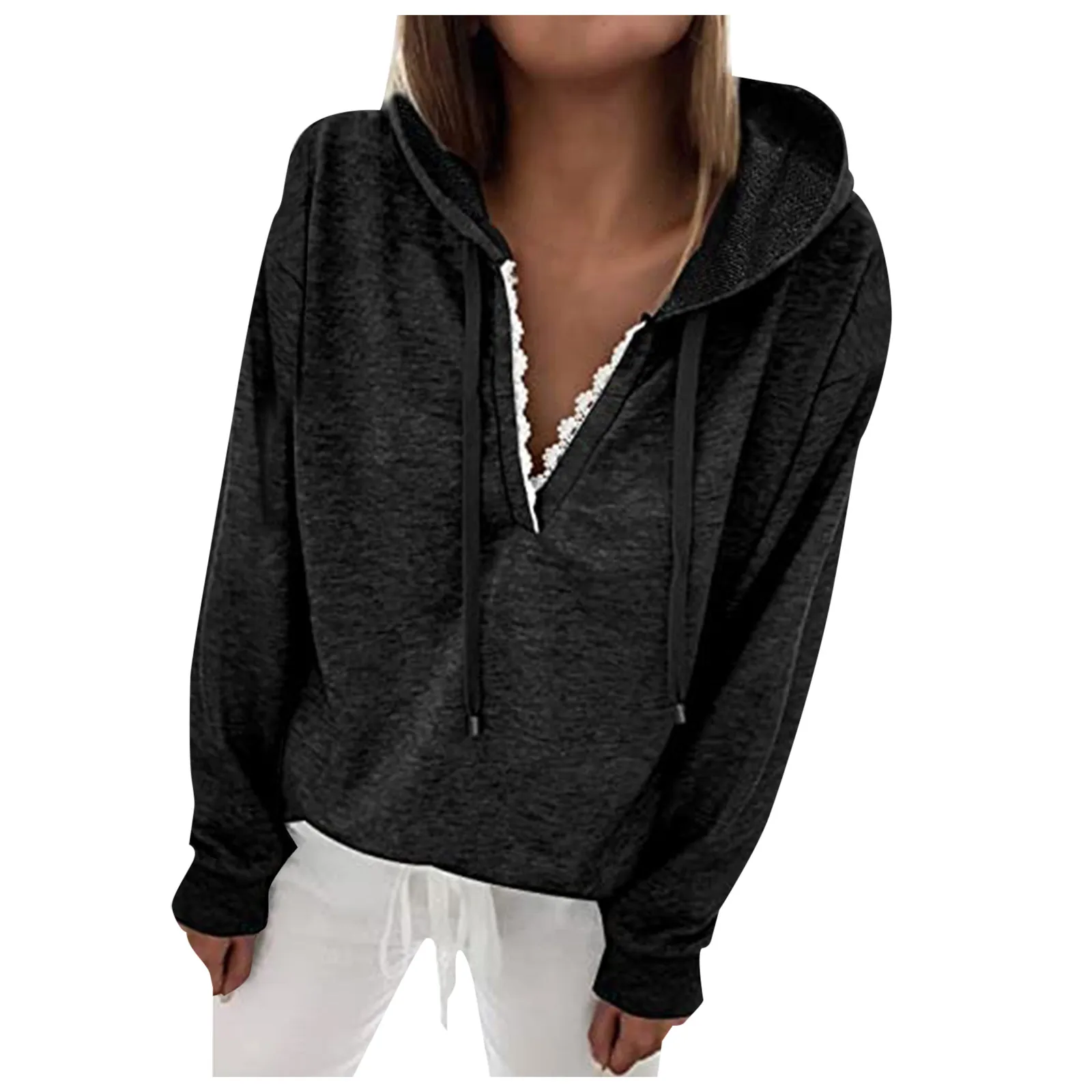 Women Solid Hoodies Streetwear Casual Lace Patchwork Drawstring Hooded Pullover Top Autumn Female Sweatshirts Sudaderas#fs 2