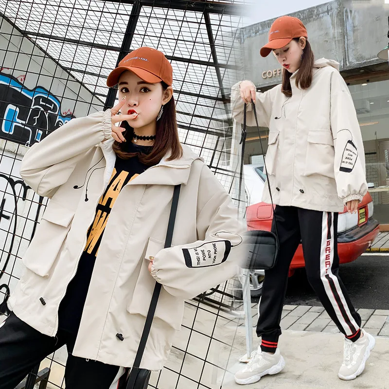 

2019 Spring And Autumn New Style WOMEN'S Coat College Style Hooded Tooling Jacket Loose-Fit Harajuku Baseball Uniform Dark Green