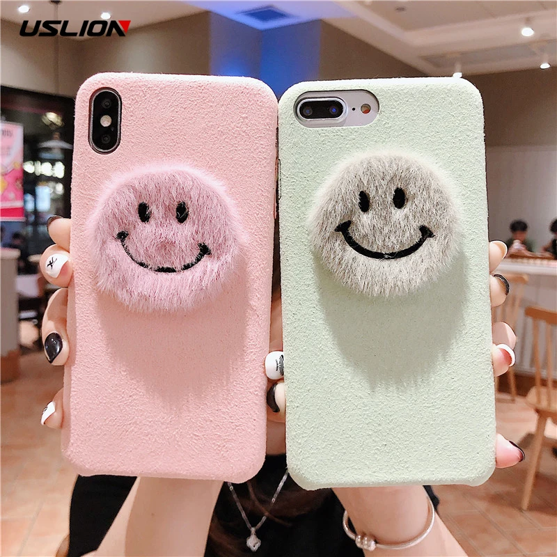 

USLION Plush Smile Fase Phone Cases Cover For iPhone 6 6S Plus 7 8 7Plus X XR XS MAX Soft PU Back Cover Cute Phone Case Shell