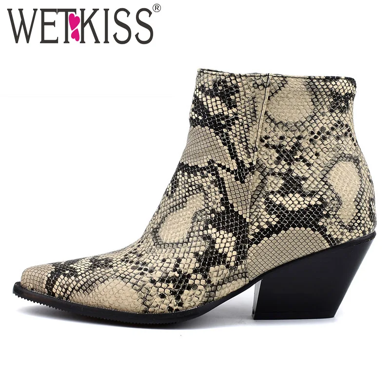 Najtaniej WETKISS skóra węża Pu westernowe botki damskie buty na wysokim obcasie botki kobiet wskazał buty z palcami damskie Zip buty zimowe duży rozmiar 48
