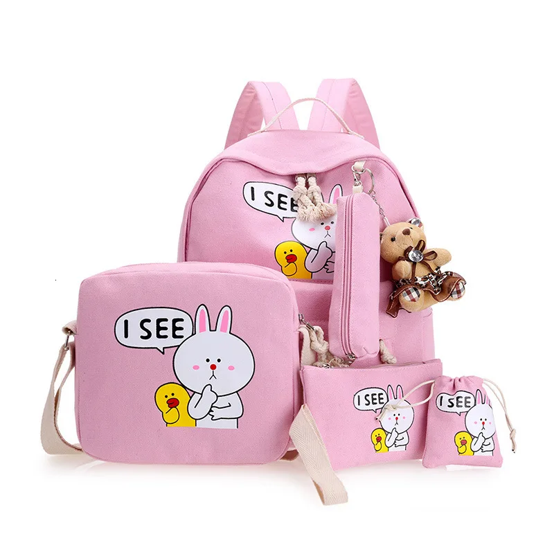 4pcs/set school bags Korean cute cartoon printing children backpacks for teenage girls High quality canvas school backpack