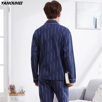 

Casual Striped Cardigan Homewear 100% Cotton Pajamas Sets for Men 2020 Autumn Winter Long Sleeve Pyjama Male Lounge Home Clothes