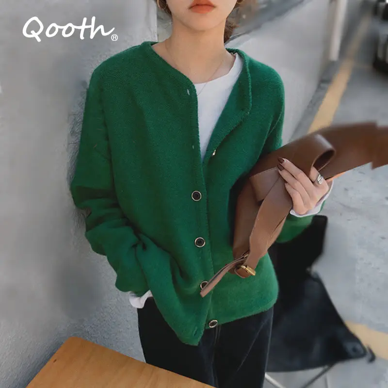 Однобортный Кардиган Qooth с длинным рукавом Осень-зима Зеленый Универсальный