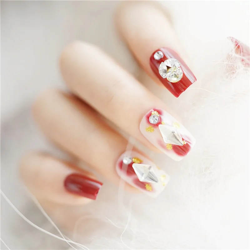 197-Flush Daimondata Red INS Wind Europe And America Bride Japanese Korean Wear Manicure Fake Nails Patch