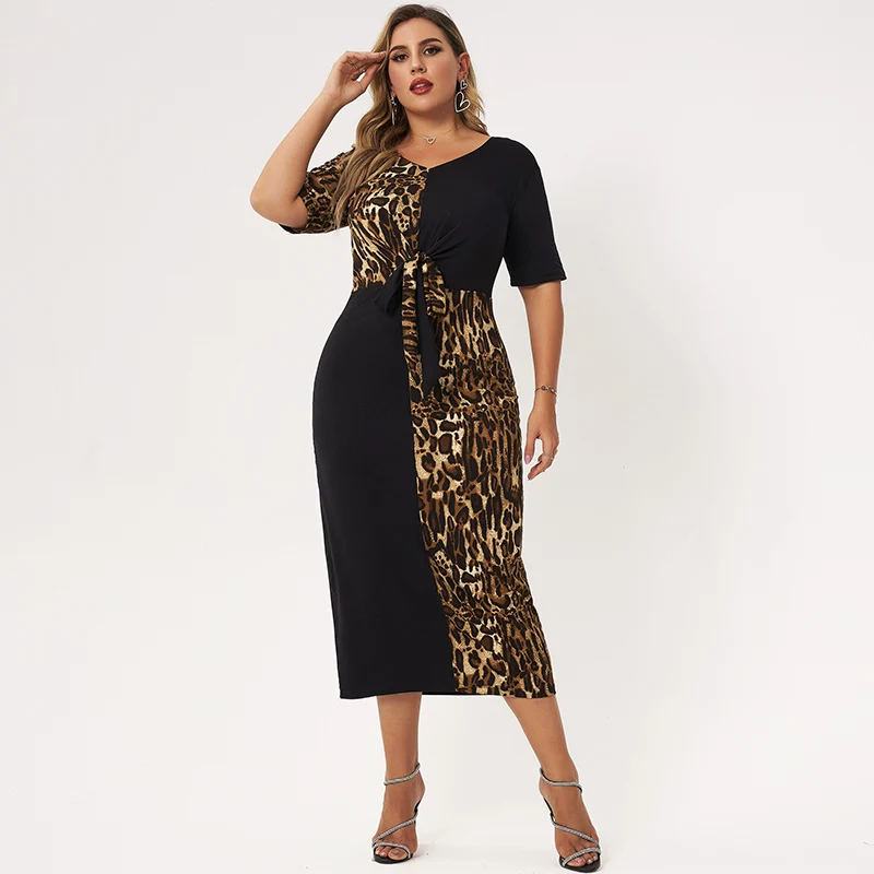 New Summer Long Dress Women 2022 Plus Size Black V-neck Short Sleeves Splicing Leopard Printing A-line Loose Casual Maxi Dresses |