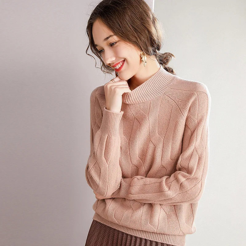 

Half-Turtle-Neck 100 Pure Woollen Sweater Women's Thick Pullover Short Knit Low Waist Jersey Autumn And Winter New Style Loose-F