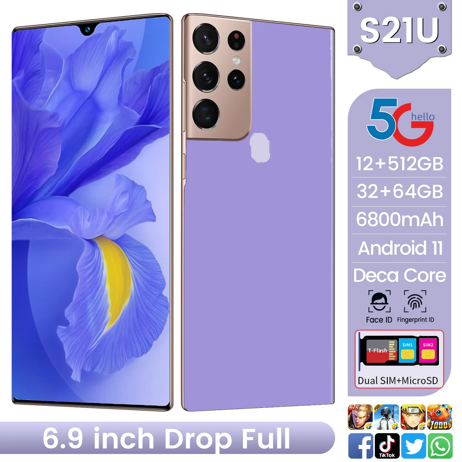 samsun Galxy  Global Version S21U 6.9“ Dual SIM Smartphones Snapdragon 888 GPS 16GB RAM 512GB ROM 64MP 6800mah Cellphone