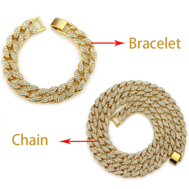 Gold Chain Bracelet 3 шт. ожерелье+ часы+ браслет хип-хоп кубинская цепочка в стиле «Майями» золото серебро Iced Out проложили Стразы CZ Bling Rapper мужские ювелирные изделия Joyas - Окраска металла: Gold Chain Bracelet