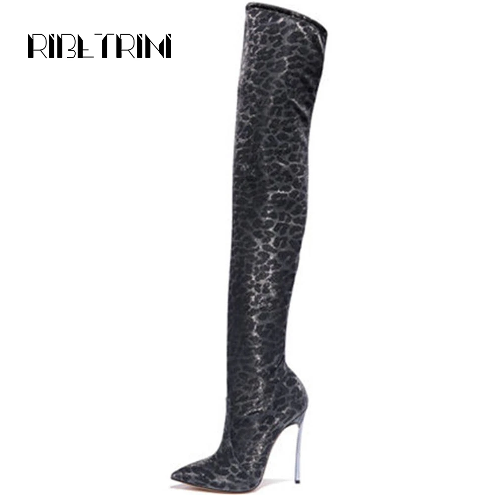 

RIBETRINI Leopard Over Knee High Stretch Boots Women Sexy Stiletto High Heels Pointed Toe Wedding Club Dress Shoes Party Boots