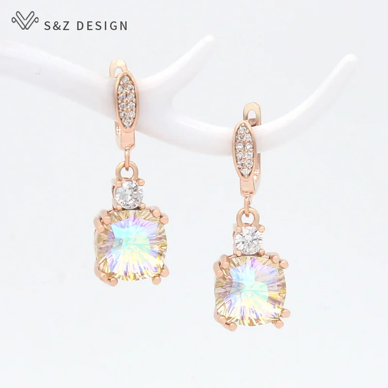 S&Z DESIGN New Fashion Luxury Colorful Square Crystal Zirconia Dangle Earrings Eardrop For Women 585 Rose Gold Color Jewelry