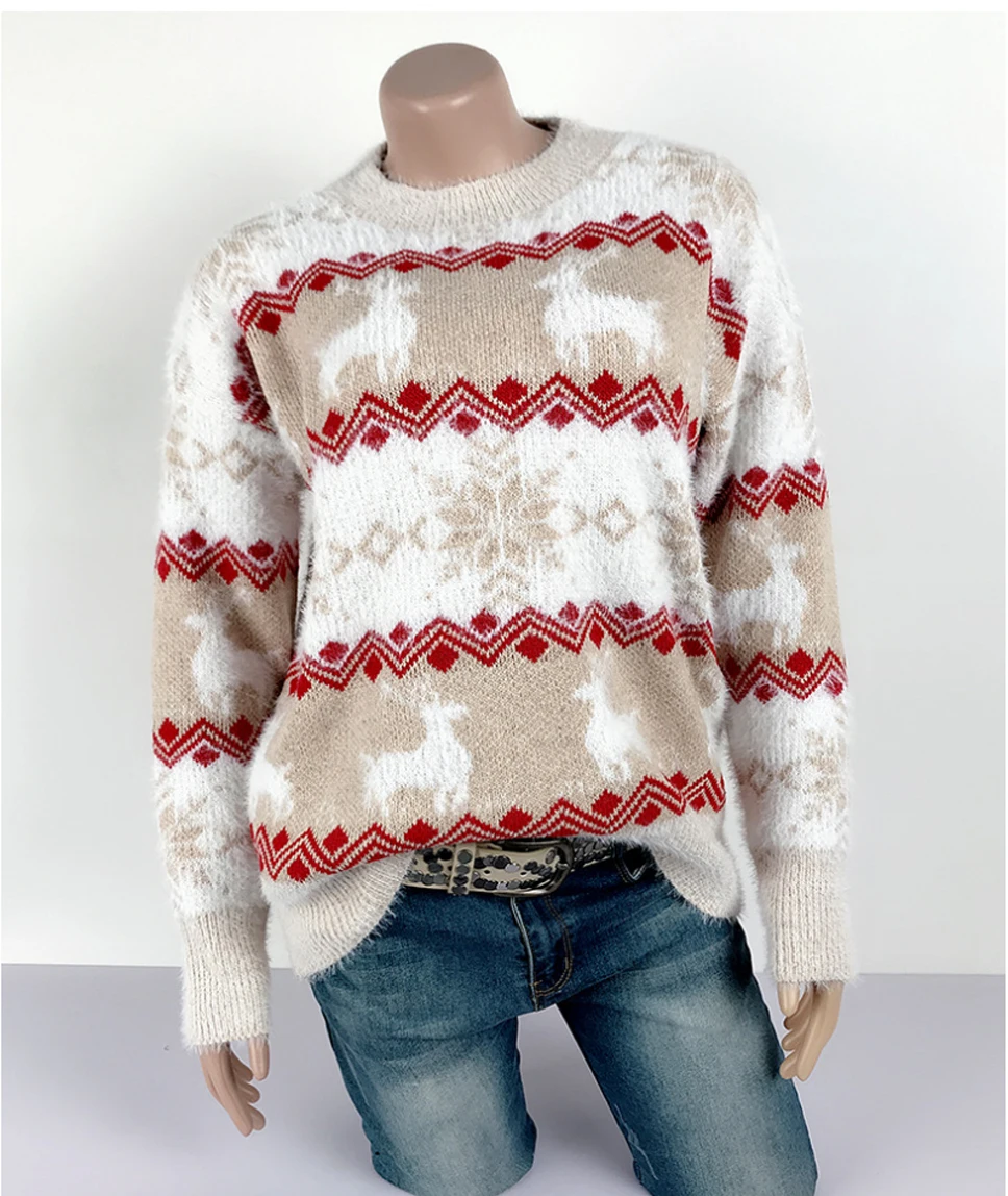 BEFORW Мода Рождество осень зима вязаный женский свитер пуловер с круглым вырезом Олень Снежинки узор свитера джемпер