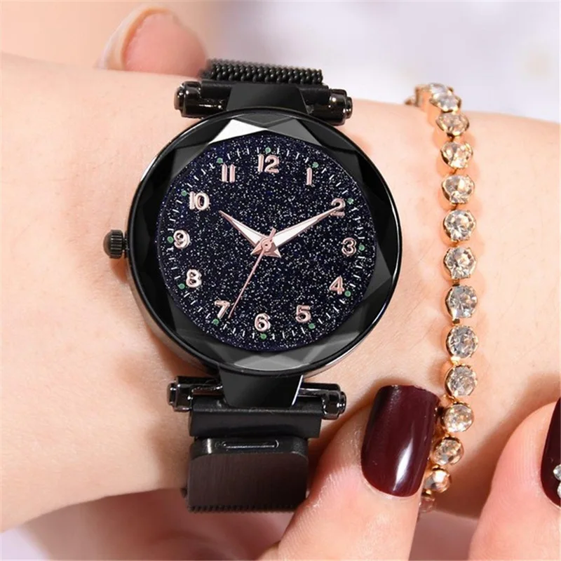 Montre femme роскошные женские часы Звездное небо циферблат светящиеся часы магнитная пряжка горный хрусталь часы reloj Женские часы - Цвет: Black