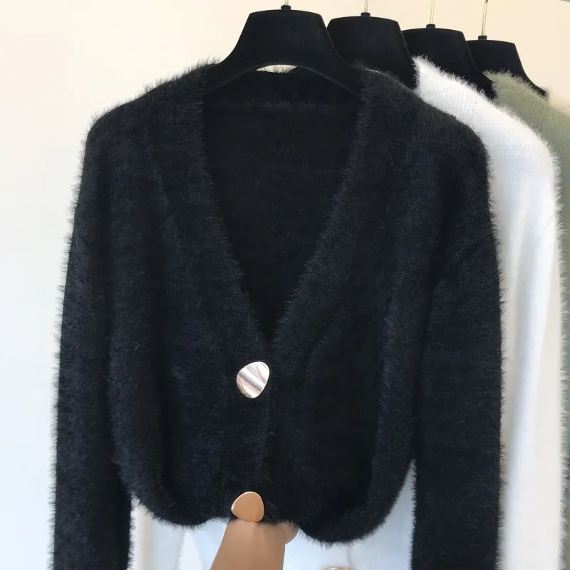 Осенне-зимний вязаный кардиган с v-образным вырезом, имитация кашемировый свитер пальто, ручная вязка, куртка из мохера, длинные меховые пиджаки из искусственного меха - Цвет: Черный