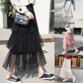 

2019 Fashion Long Skirt Womens Solid Mesh Fold A-Line faldas Casual Cake Skirts saia longa Ruffles Pleated Skirt jupe femme #C10