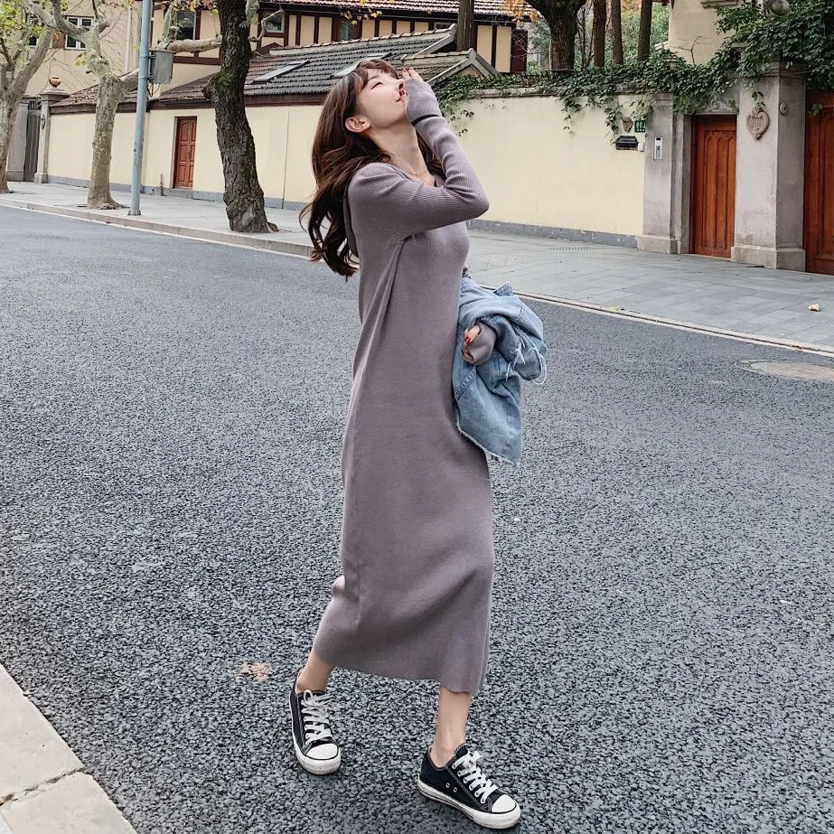 

Photo Shoot INS Early Spring New Style Korean-style Knitted Slit Straight-Cut Explicit Thin Long V-neck Hooded Base Dress Childr