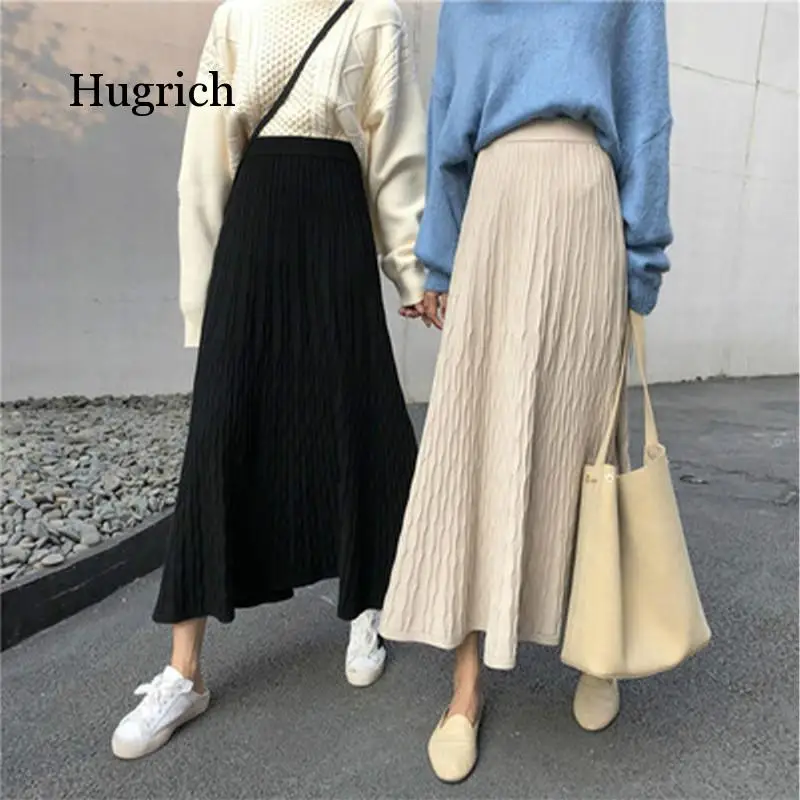 

2020 Autumn Winter Women Fashion High Waist Knitted Midi A-Line Mid-Calf Elegant Korean Style Solid Skirt