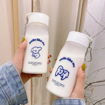 

400ml Plastic Water Bottles BPA Free Transparent/Frosted Cartoon Dog Sheep Bottle Simple Ins Style Travel Cup With Metal Button