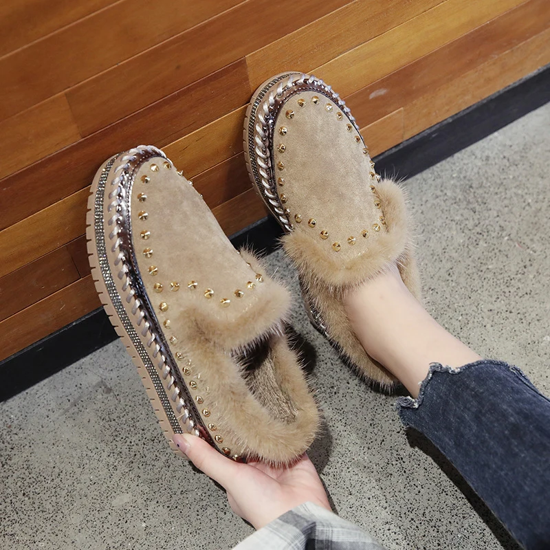 Real Mink Fur Shoes Women Flat Platform Warm Plush Luxury Rivets Hand Stitching Winter Shoes Woman Crystals Slip-on Footwear