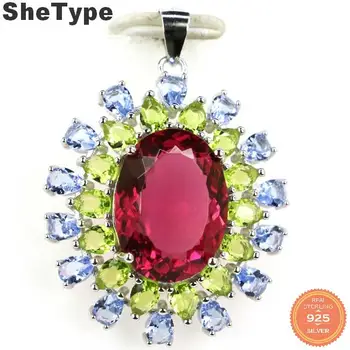 

36x26mm SheType 5.0g Created Pink Tourmaline Peridot Violet Tanzanite Gift For Ladies 925 Sterling Silver Pendant