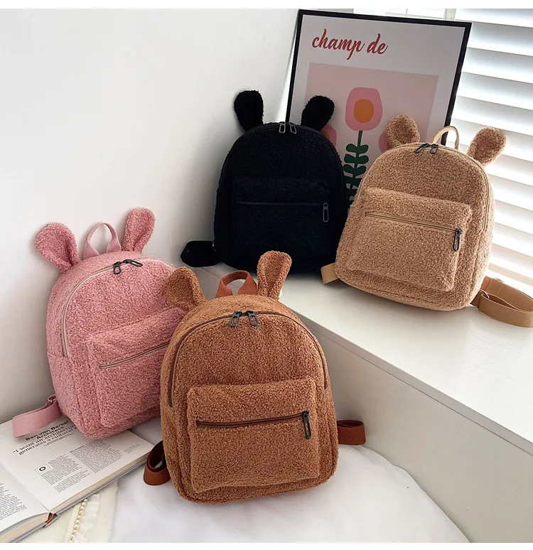 

Kids Girls Cute Rabbit Ear Fleece Small Backpack, Casual Warm Lambswool Daypack Bag Schoolbag Rucksack for Travel Shopping
