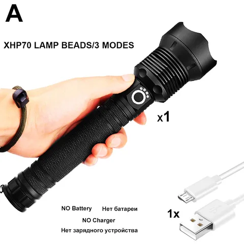 Dropshipping 18650 26650 Ultra Bright LED Tactical Flashlight XHP70 Waterproof Handheld Self-defense Flashlight 3 Mode