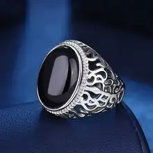 2022 New Fashion Men Rings Black Antique Agate Silver Color Gemstone Wedding Party Jewelry Accessories Open Finger Ring Dropship