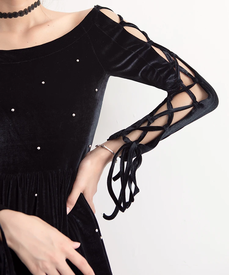 Элегантное вельветовое платье с бисером для женщин; сезон осень; открытые струнные рукава; пикантные вечерние флисовые винтажные тонкие повседневные однотонные платья с круглым вырезом