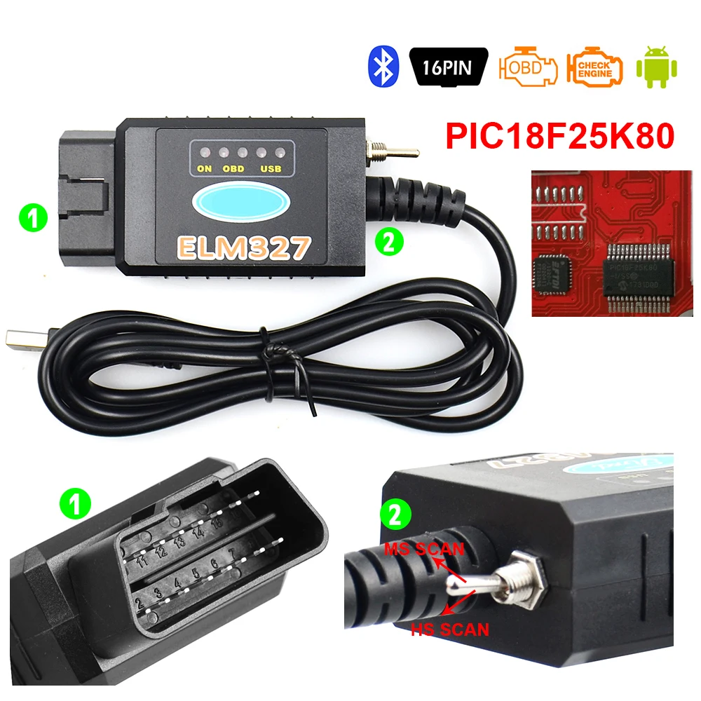 HOT! ELM327 USB FTDI PIC18F25K80 Chip ELMconfig Code Reader for HS CAN/MS CAN Forscan ELM 327 Bluetooth OBDII Diagnostic Tool auto inspection equipment Code Readers & Scanning Tools