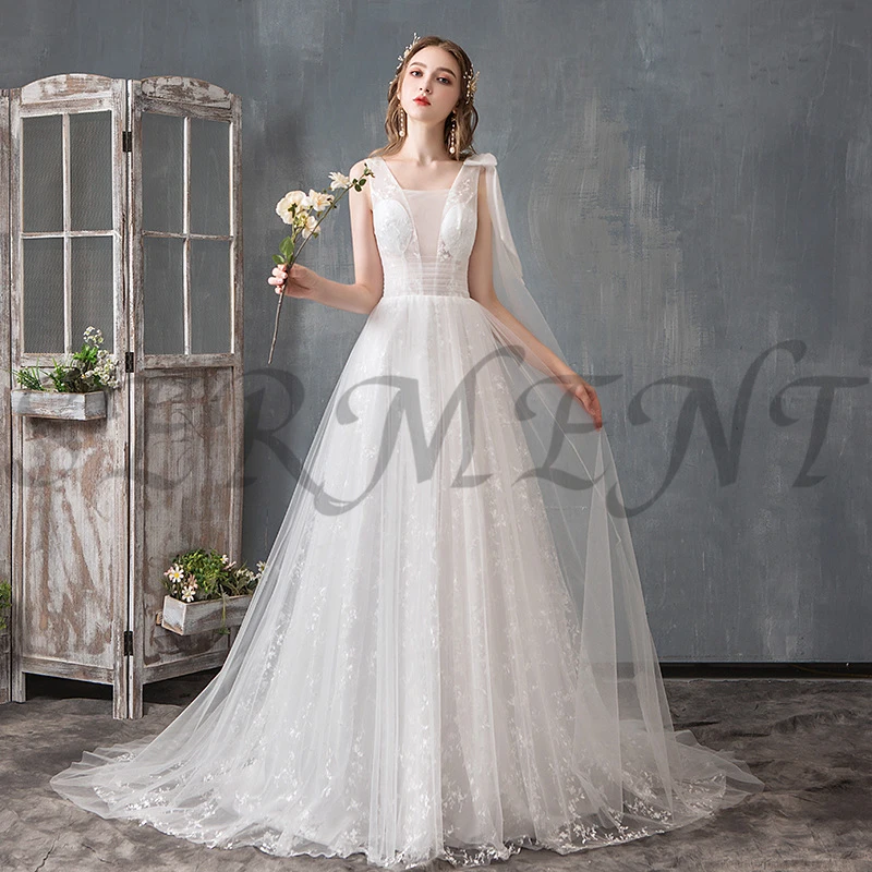 

Lacework Wedding Dress Tea-length Tassel Tiered Appliques Square Collar Court Train Sleeveless Empire Free Custom Made Plus Size