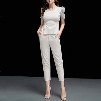

HANZANGL New Women's Clothing fashion temperament two-piece white strapless short-sleeved top nine-point pants Suits