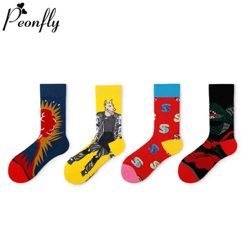 

PEONFLY Men Socks Funny Cartoon Abstract Tongue Pattern Colorful Happy Hip Hop Harajuku Street Male Casual Skate Cotton Socks