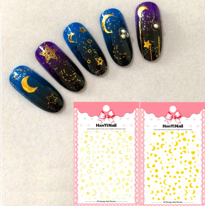 3 sheet 3D Nail Stickers Designs Ultrathin Gold Star moon Gummed Art Decals Makep Decorations HanYi171-172 | Красота и здоровье