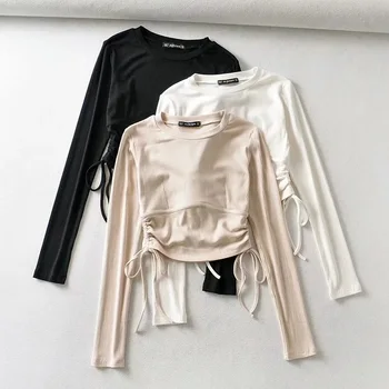 

A220-20 Autumn Korean-style xiu shen kuan xiao yuan ling Thickened Ultra-stretch Both Sides Drawstring Long-sleeved T-shirt Base