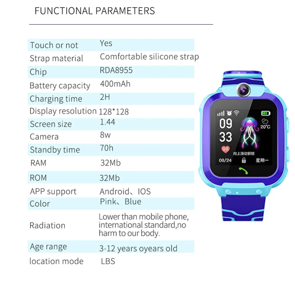 Q12B умные детские часы-телефон, SOS будильник, жизнь, водонепроницаемые, удаленное позиционирование, камера 70 H, в режиме ожидания, 1,3 миллионов пикселей, детские часы