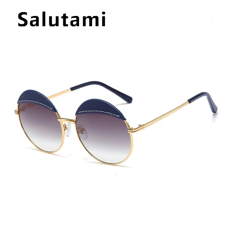 Уникальные женские солнцезащитные очки с кожаными линзами, круглая оправа, бренд, сплав, уникальный круглый, солнцезащитные очки для мужчин, винтажные, солнцезащитные очки Oculos Feminino - Цвет линз: Blue gray