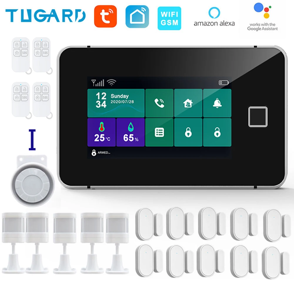 TUGARD G60 Tuya WiFi Gsm Security Alarm System Fingerprint Armed Temperature Humidity Display 433MHz Wireless Smart Home Burglar house alarm keypad Alarms & Sensors