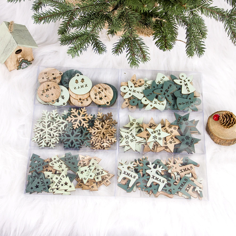 

24pcs Welcome Christmas Decorations Wooden Painted Hollow Christmas Tree DIY Gadgets Small Wooden Pendant